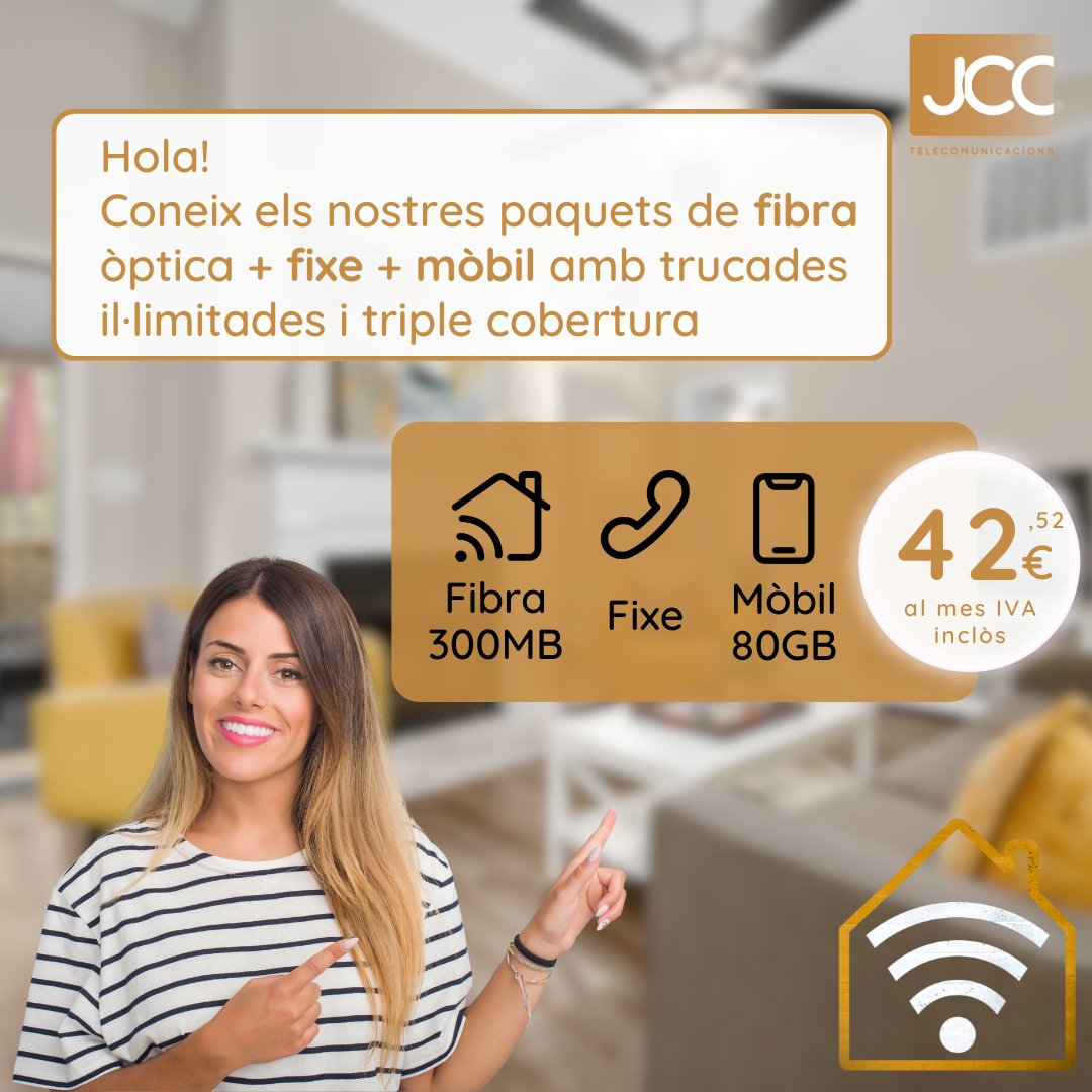 jcastellsagues's tweet photo. La nostra fibra òptica de 300MB + línia fixe + mòbil amb trucades il·limitades i 80GB de dades amb triple cobertura per només 42,52€/mes IVA inclòs per sempre. Contacta per a més informació.

#JCC #pack #fibra #mobil #fixe #triplecobertura https://t.co/zT9O7W1XhO