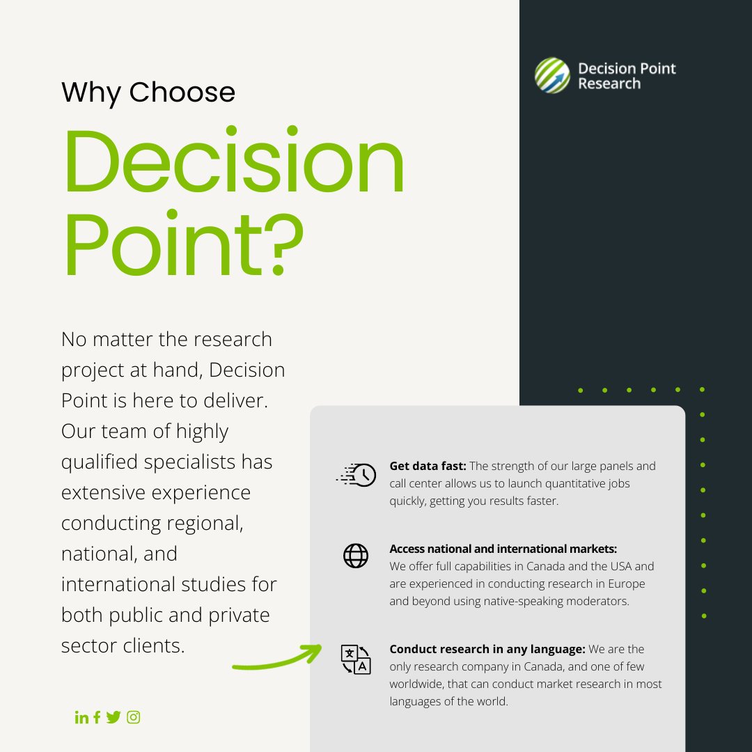 Why Choose Decision Point? 🎯 Our team of specialists brings extensive experience in conducting regional, national, and international studies for both public and private sector clients. Trust us to deliver exceptional insights for your #research projects: bit.ly/3IB6VeN