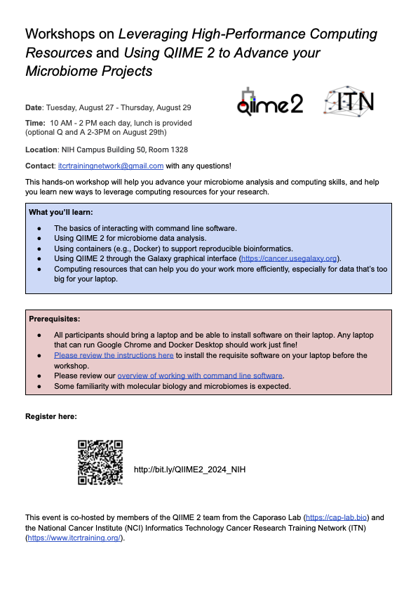 We're co-hosting a series of workshops on computational tools for microbiome research Aug 27-Aug 29 at the NIH Campus. Register here! bit.ly/QIIME2_2024_NIH