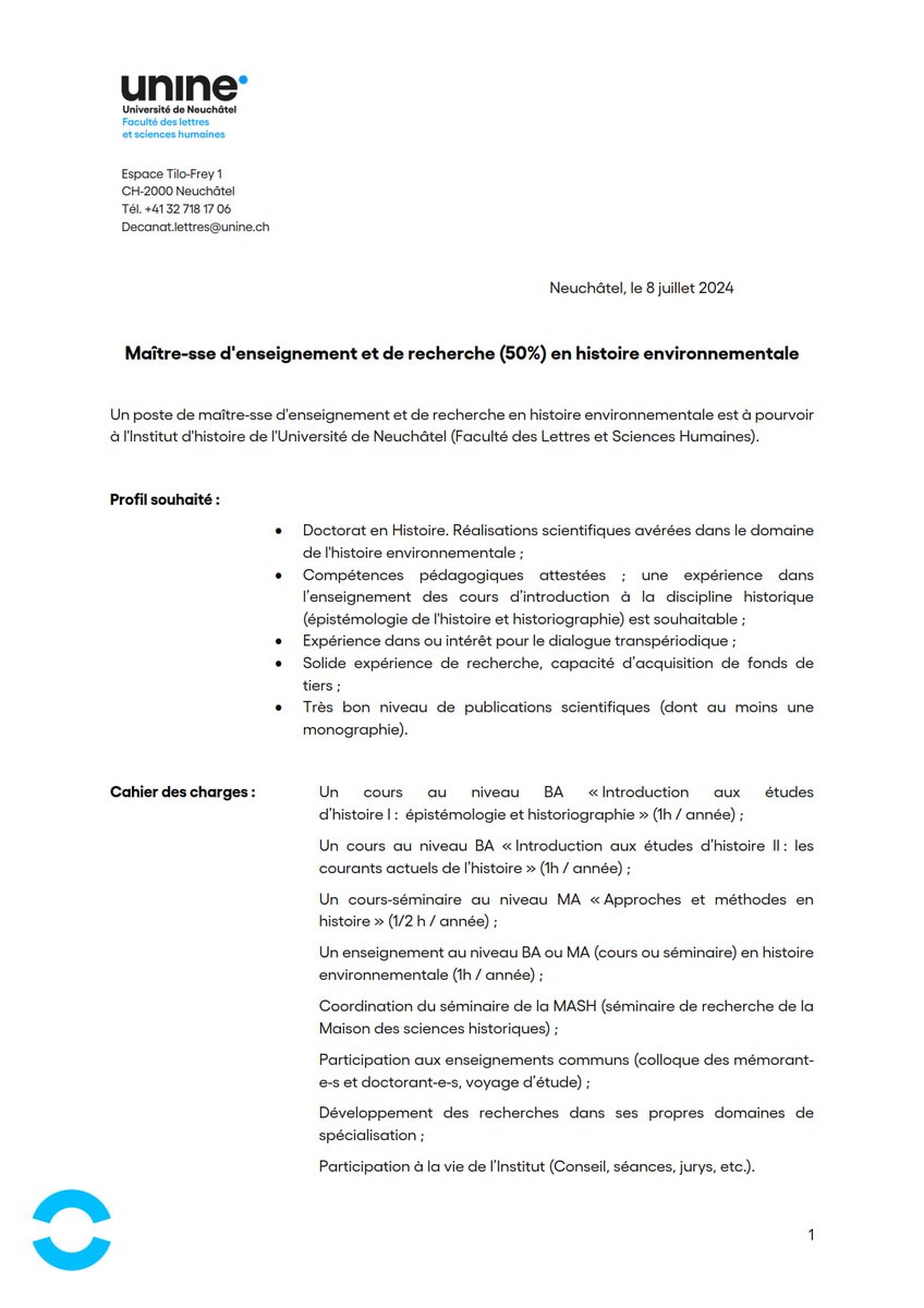 L’Institut d’histoire de l’Université de Neuchâtel met au concours un  poste de Maître.sse d’enseignement et de recherche ( en gros = MCF) en histoire  environnementale. Périodes possibles MA, moderne, contemporaine. unine.ch/lettres/home/e…