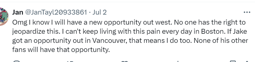 barzyyx13's tweet photo. Hey @Canucks please have this woman banned. She stalks Jake Debrusk and the Bruins had to get a restraining order on her and is banned from the Garden and their practice arena. She's already planning on moving to Vancouver and go to games to continue stalking him. https://t.co/o5yy5Ye67P