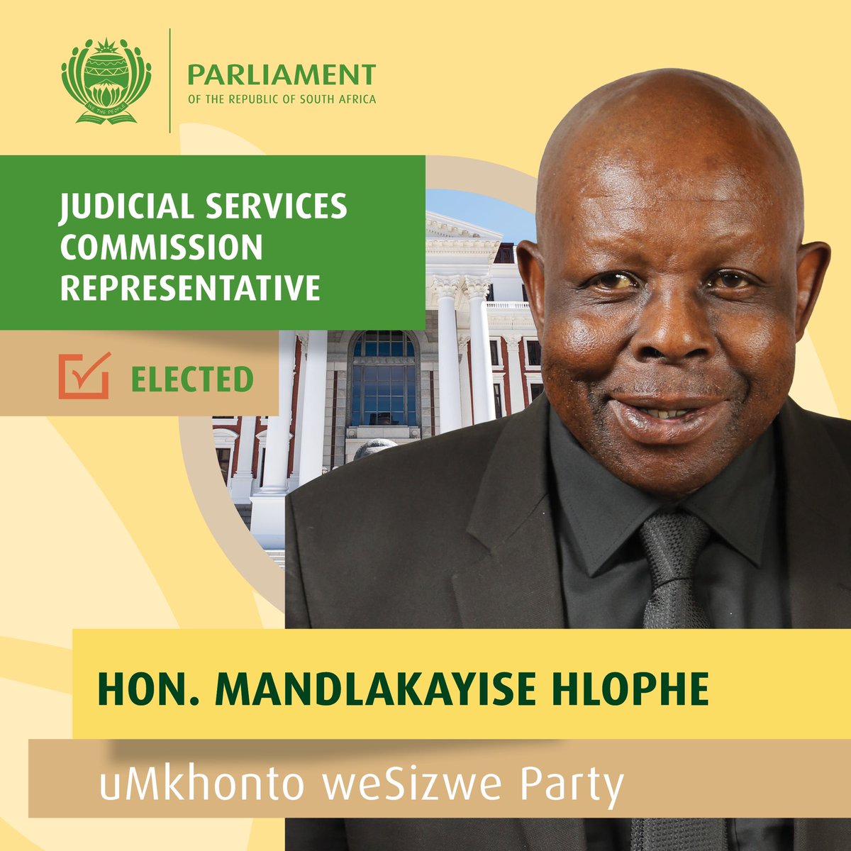 ParliamentofRSA's tweet photo. #KnowYourMP
Parliament has designated Dr Mandlakayise Hlophe to serves on the Judicial Services Commission (JSC). Dr Hlophe is a Member of @MkhontoweSizwex. Amongst its functions, the JSC advises government on any matters relating to the judiciary or to the administration of justice. #7thParliament #30YearsofDemocracy #30YearsofDemocraticParliament