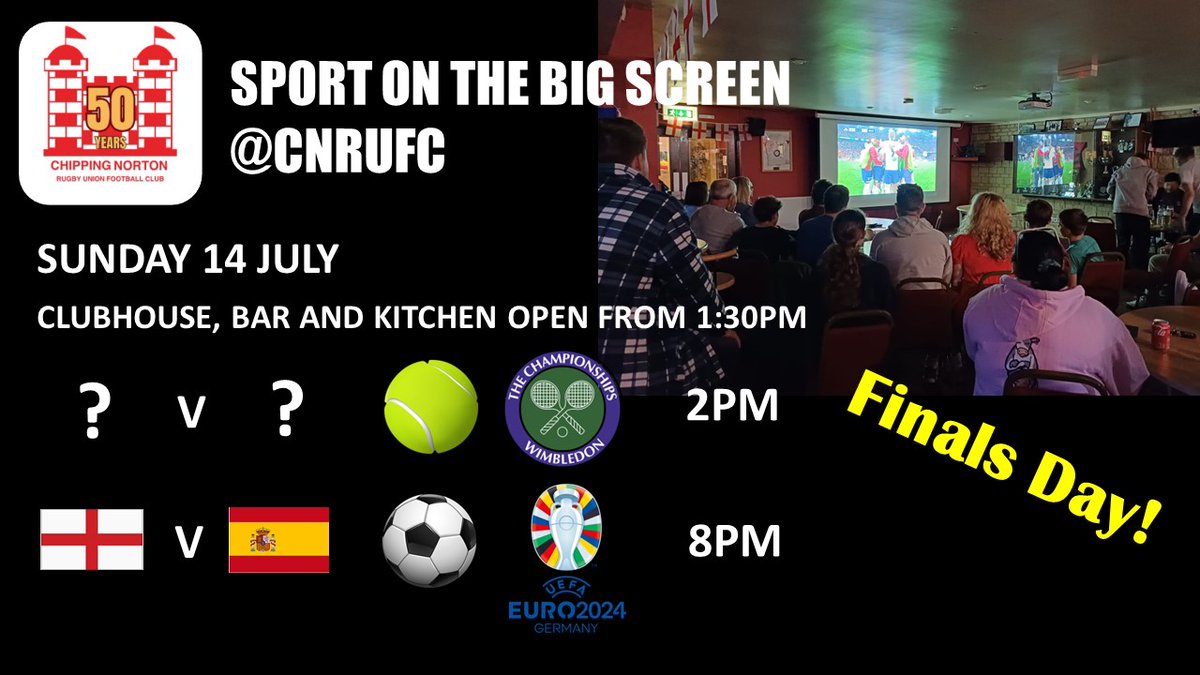 FINALS DAY!
Heads up we'll be showing both the Wimbledon Men's and Euros 24 Finals on Sunday. Food offer to follow....
#EURO2024 #wimbledon #cnrufc #wrongshapedballs #chippingnorton