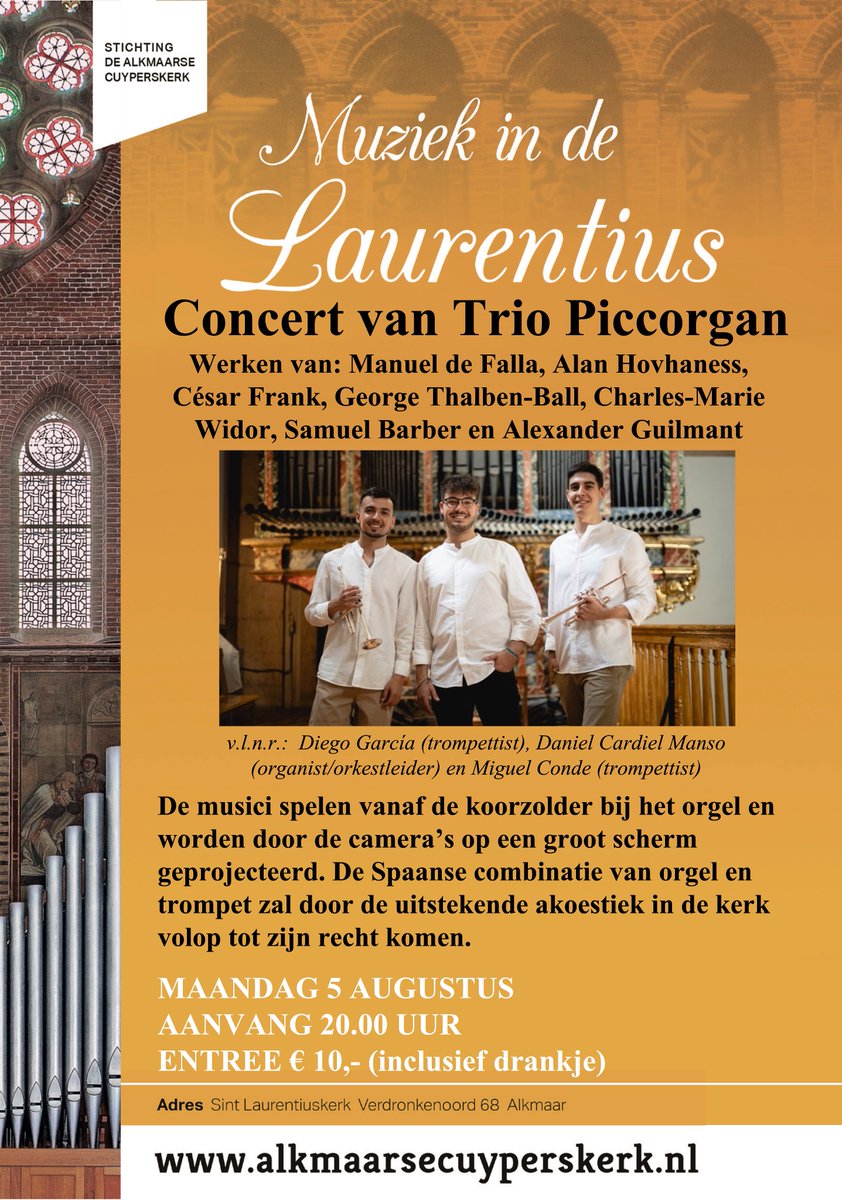 HenkAlkmaar's tweet photo. Na problemen met het orgel door de luchtvochtigheid, kunnen we weer aan de slag met een prachtig concert. Onze nieuwe musical directeur Daniel Cardiel Manso geeft 5 augustus een concert met zijn Trio Piccorgan. Orgel en Trompet als Spaanse combinatie. Mis het niet. https://t.co/HOhAmlUGCk