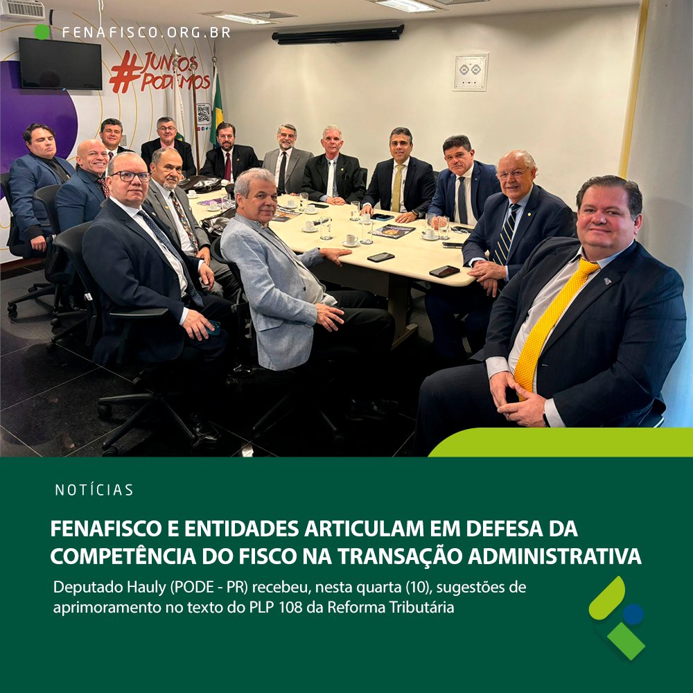 Fenafisco e entidades parceiras reuniram-se com o deputado federal <a href="/deputadoHauly/">Luiz Carlos Hauly</a>  para discutir o PLP 108/2024 da Reforma Tributária, sugerindo mudanças para manter a competência do fisco em transações tributárias. #PLP108 #fisco #fenafisco tinyurl.com/mtwnyueh