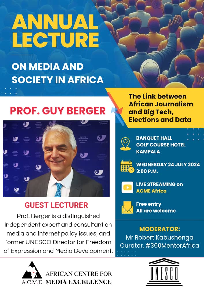 George Lugalambi (@glugalambi) on Twitter photo <a href="/ACME_Africa/">ACME Africa</a>, with <a href="/UNESCO/">UNESCO 🏛️ #Education #Sciences #Culture 🇺🇳</a> support, presents this year's Annual Lecture on Media and Society on 24th July, focusing on the link between African journalism and big tech, elections and data. You're welcome to participate in Kampala or online. <a href="/ACME_Africa/">ACME Africa</a>, with <a href="/UNESCO/">UNESCO 🏛️ #Education #Sciences #Culture 🇺🇳</a> support, presents this year's Annual Lecture on Media and Society on 24th July, focusing on the link between African journalism and big tech, elections and data. You're welcome to participate in Kampala or online.