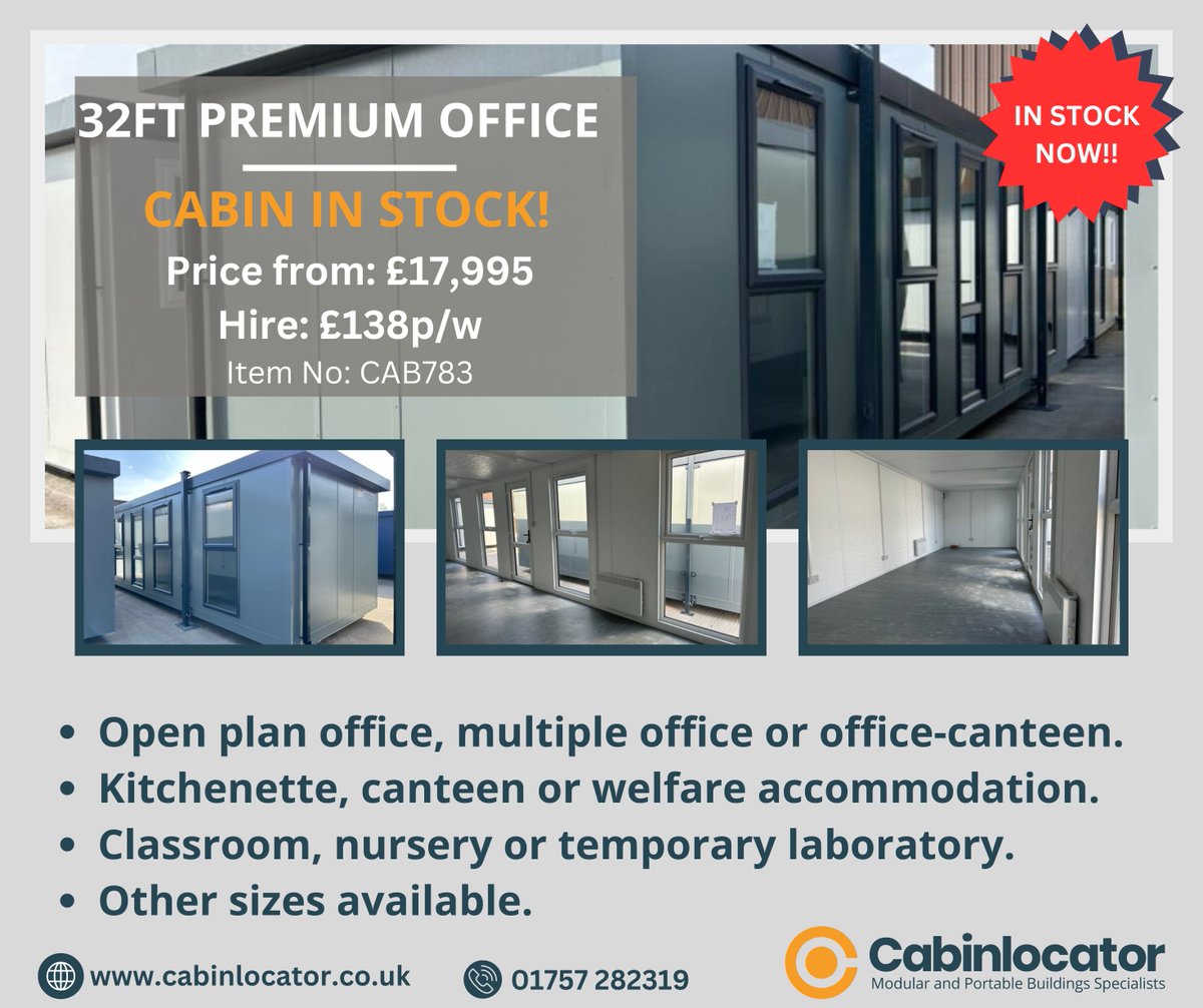 32Ft Premium Office now in stock and ready for delivery!! Why not hire it from £138pw.
#modularbuilding
#portablecabins
#TemporaryBuildings
#modularconstruction
#portableoffices
#mobileoffice
#constructionsite
#portablehousing
#quickbuild
#PortableSolutions
#PrefabConstruction