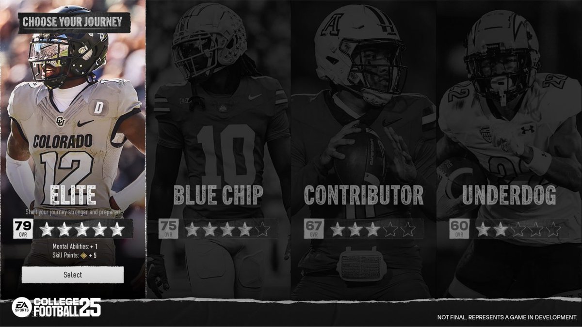 EricRayweather's tweet image. Road To Glory in College Football 25: A Thread

Here's a look at the home screen, the prospect selection screen where you decide to be a 5 Star down to a 2 Star. You also have your are type selection screen, and player creation.