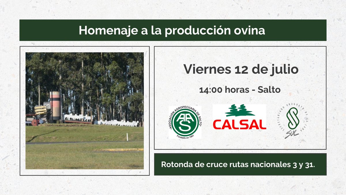🔔 Homenaje a la producción ovina en Salto 👉mañana 12 de julio ✅ Actividad organizada en conjunto con la Asociación Agropecuaria de Salto y <a href="/CALSAL1/">CALSAL</a> 

#produccionovina
#ovinos
#patrimonio