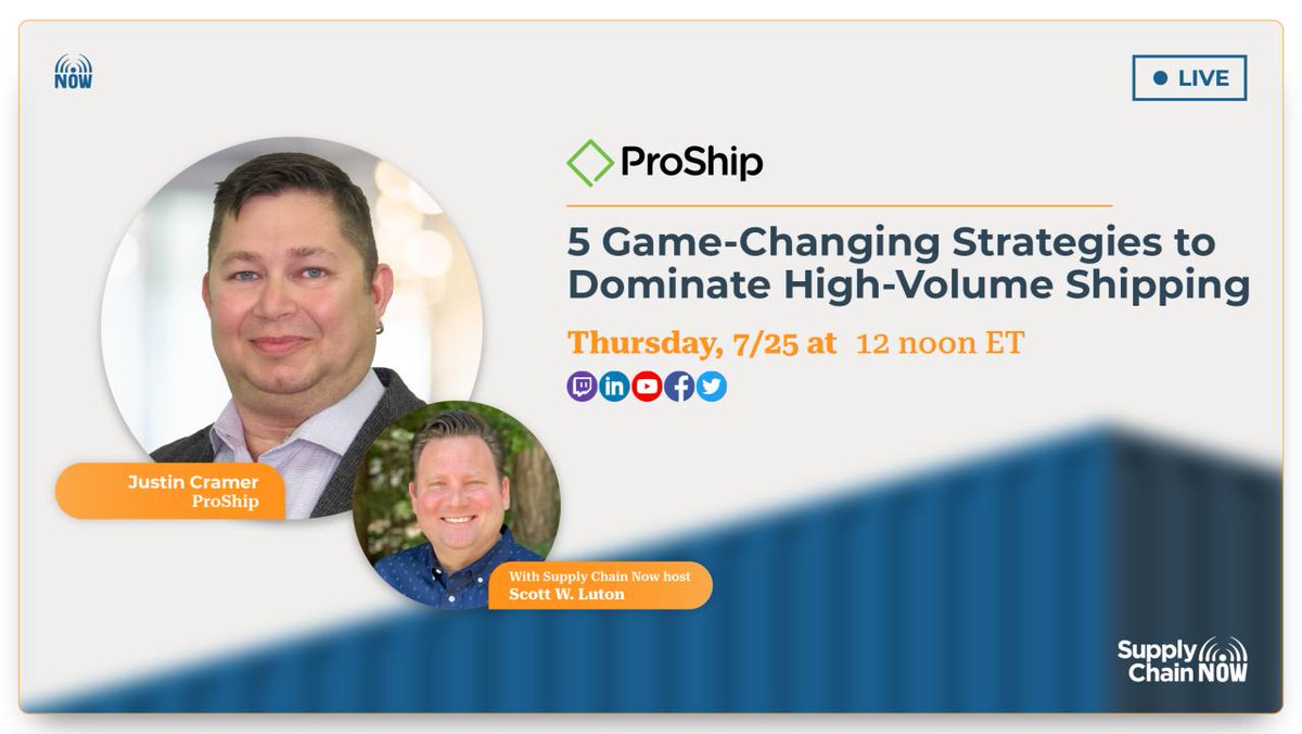 _supplychainnow's tweet image. 🚚📊 Facing the challenges of high-volume #shipping? Join us on Thursday, July 25th, for a LS with our host @ScottWLuton &amp;amp; Justin Cramer of @ProShipInc! Discover 5 strategies to #streamlineoperations, reduce costs, and gain a competitive edge. 

Reg: bit.ly/3XRZFEf