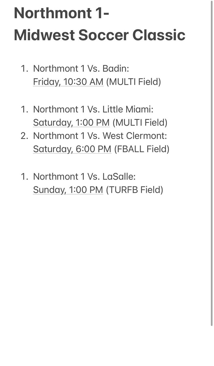 Here is our schedule for the Mason Midwest Preseason Classic! We are excited to see some very strong programs from around the state! Team 1, will only travel this weekend. See you all there! ⚡️⚽️