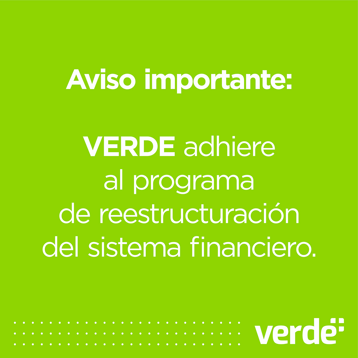 verdeuyu's tweet photo. VERDE adhirió al programa de reestructuración del sistema financiero, mediante el cual miles de familias podrán mejorar su situación crediticia y la información en clearing de informes y central de riesgos.
La única vía de consulta para este programa es la web https://t.co/1E9uUcIoD8 a la que se puede consultar a partir de hoy, 11 de julio de 2024.
