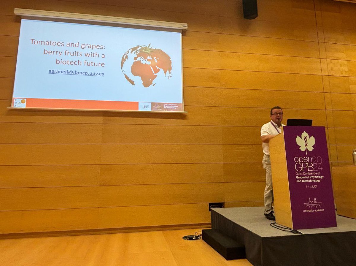 Open-GPB2024 Conference (@opengpb2024) on Twitter photo Marvelous and inspiring closure conference lead by Toni Granell <a href="/IBMCP/">IBMCP - Instituto de Biología Molecular y Celular</a> 🍅🍇 introduced by Pablo Carbonell-Bejerano <a href="/icvv_rioja/">Instituto de Ciencias de la Vid y del Vino (ICVV)</a>
Tomatoes and grapes: berry fruits with a biotech future Marvelous and inspiring closure conference lead by Toni Granell <a href="/IBMCP/">IBMCP - Instituto de Biología Molecular y Celular</a> 🍅🍇 introduced by Pablo Carbonell-Bejerano <a href="/icvv_rioja/">Instituto de Ciencias de la Vid y del Vino (ICVV)</a>
Tomatoes and grapes: berry fruits with a biotech future