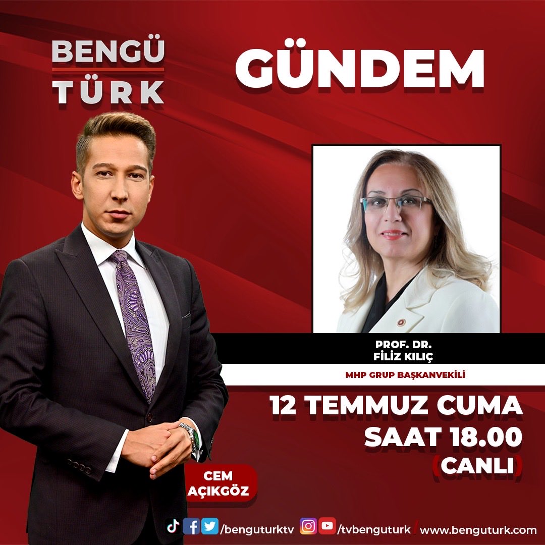 YARIN 
⏰ 18:00 (CANLI) 

MHP Grup Başkanvekili ⁦<a href="/PrfDrFilizKilic/">Prof. Dr. Filiz KILIÇ</a>⁩ konuğumuz olacaktır. 

Soru, Görüş ve Önerilerinizi gönderebilirsiniz. 
⁦<a href="/benguturktv/">Bengü Türk</a>⁩