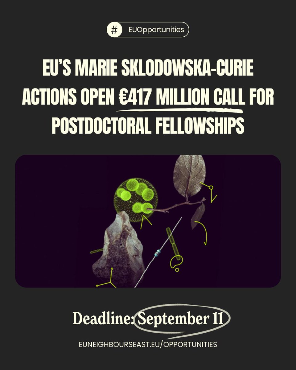 euneighbours's tweet image. The 2024 call for Marie Sklodowska-Curie Actions Postdoctoral Fellowships is open with a budget of €417.18 million. The grants aim to enhance the creative &amp;amp; innovative potential of PhD researchers in any scientific field ➡️ bit.ly/4cZsTp5
#EUOpportunities