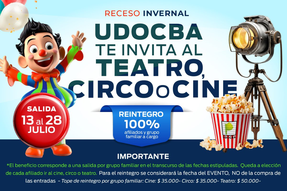 udocbacentral's tweet photo. 🎬🍿🎭🎪UDOCBA te invita al circo, cine o al teatro
- TE REINTEGRAMOS EL 100% a vos y tu grupo familiar
🗓️Válido del 13 al 28 de julio (Receso invernal)
Más información en 👇🏼
https://t.co/ymCGJ7HdlJ https://t.co/B11B3RkANV