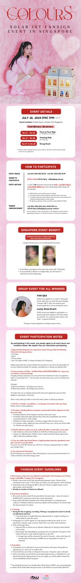 ☀️SOLAR 1ST FANSIGN EVENT IN SINGAPORE 🌸

🗓️ Event entry from: 12/7/24 (Fri) 00.00 - 19/7/24 (Fri)
🌍 infinitykpop.com.sg

Hurry! Don’t miss the opportunity to meet Solar 1:1 🙆‍♀️

#solar #colours #rbw #mmm <a href="/RBW_MAMAMOO/">마마무(MAMAMOO)</a>
