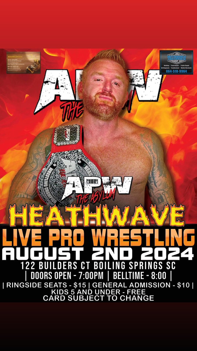 August 2nd, 2024 our Asylum Pro Wrestling Heavyweight Champion <a href="/HEATHXXII/">HEATHXXII</a> Returns !

📍: 122 Builders ct, Boiling Springs, South Carolina
🗓️: August 2nd, 2024
🛎️: Bell-time: 8:00PM - Doors Open 6:00PM
🎟️: General Admission 10$ - Ringside tickets 15$