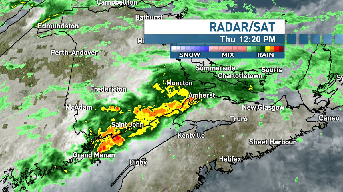 tsimpkin's tweet image. Heavy rain is falling in Southern NB and N NS. The rain is persistent in PEI and Cape Breton. ECCC has issued a severe thunderstorm in S NB. Thunderstorms that do develop will produce torrential down pours along with lightning.  #nbstorm #nsstorm