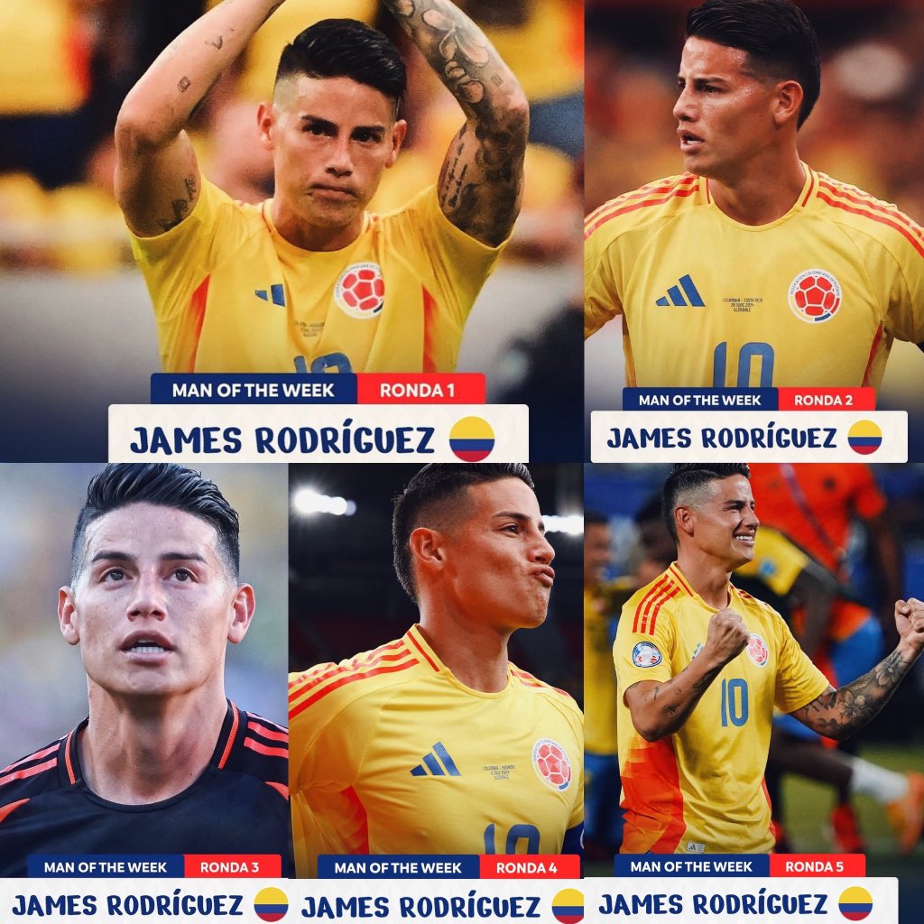 Juezcentral's tweet photo. La Copa América elige al mejor jugador de cada ronda de la competición.

Las cinco las ha ganado el mismo futbolista. 

James David Rodríguez. https://t.co/pml8c4b39p