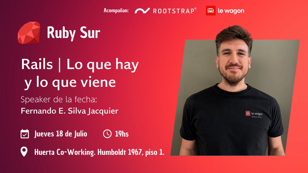 El jueves 18/Julio vamos a estar hosteando otra meetup de ruby:
Rails | Lo que hay y lo que viene con Fernando Silva JacquierPara los que estén en Buenos Aires y tienen ganas de venir, se pueden anotar en el link de la meetup.
meetup.com/rubyba/events/…