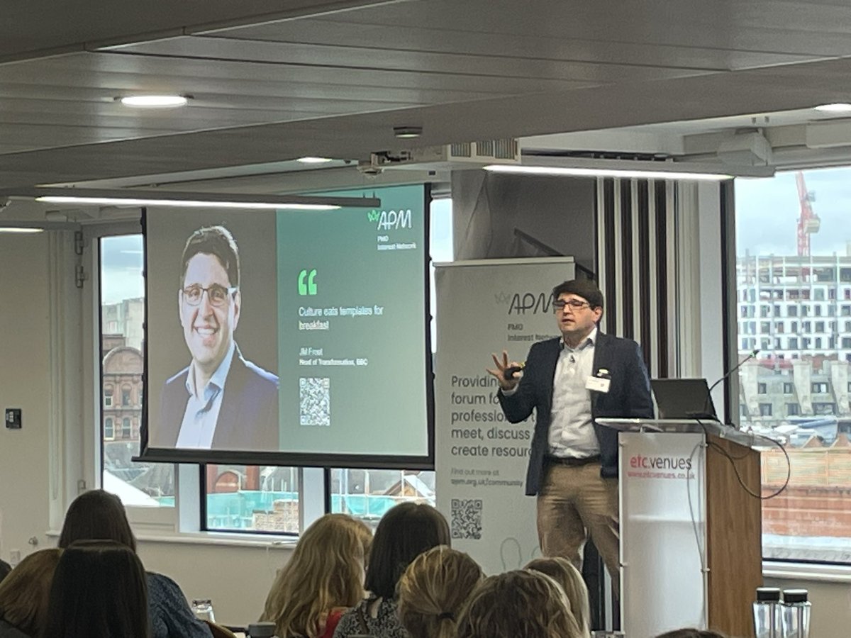 pmosigUK's tweet photo. JM Frost from #BBC speaks about how the BBC embedded a new project management Lifecycle which saw the original ‘BBC Way’ Framework streamlined into the new ‘BBC Align’ Framework and shared practical tips on how we could do the same

#PMONinjas #BigPMOAdoption #APM https://t.co/dRVg04LjqF