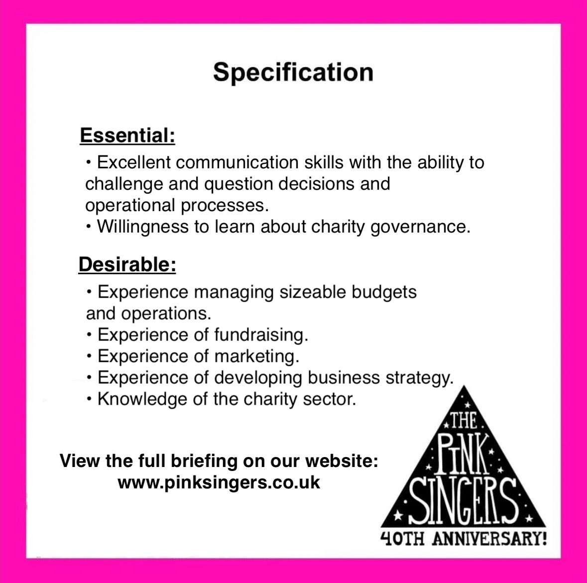 pinksingers's tweet photo. 🏳️‍🌈 We are recruiting for the position of Trustee to commence September 2024. Please see the role description and requirements before applying. Full briefing available here: https://t.co/CqvASMcyi9 https://t.co/2aQFlTrADF