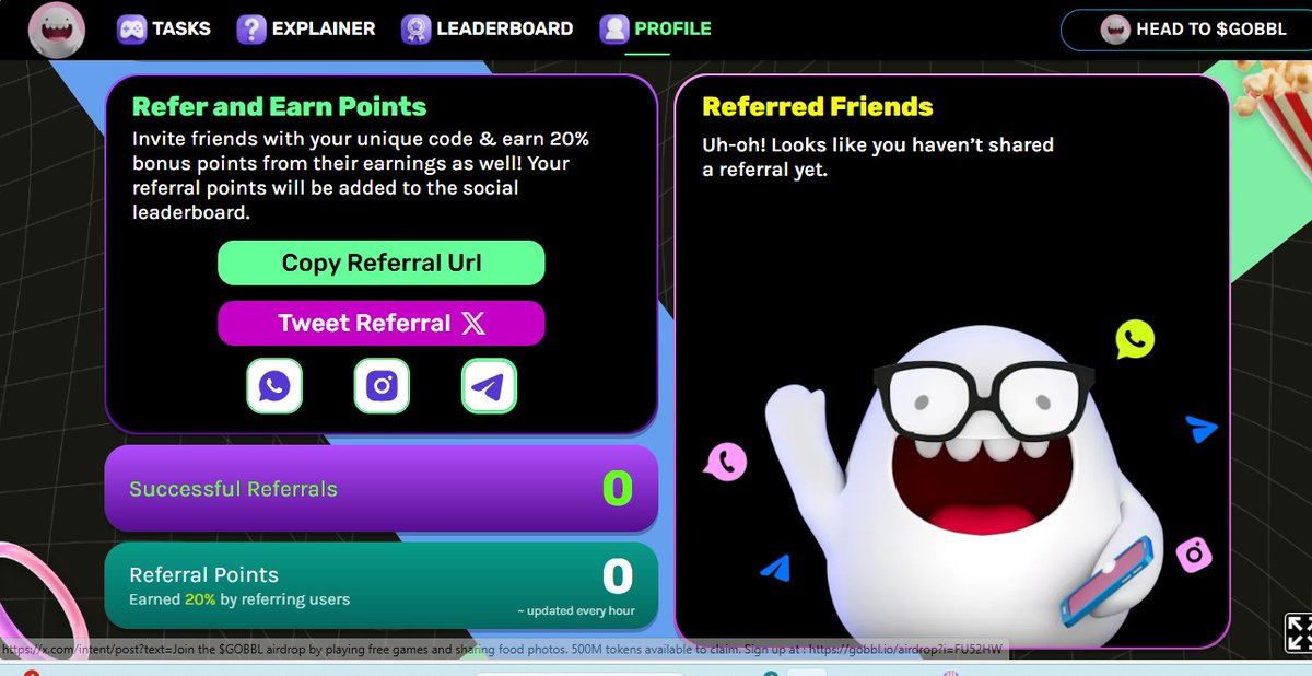 The best part about the Airdrop is that you can gain 20% bonus points for every referral sign up!! 

So go hurry and bring all your friends to sign up and top the $gobbl leaderboard 🥳🥳