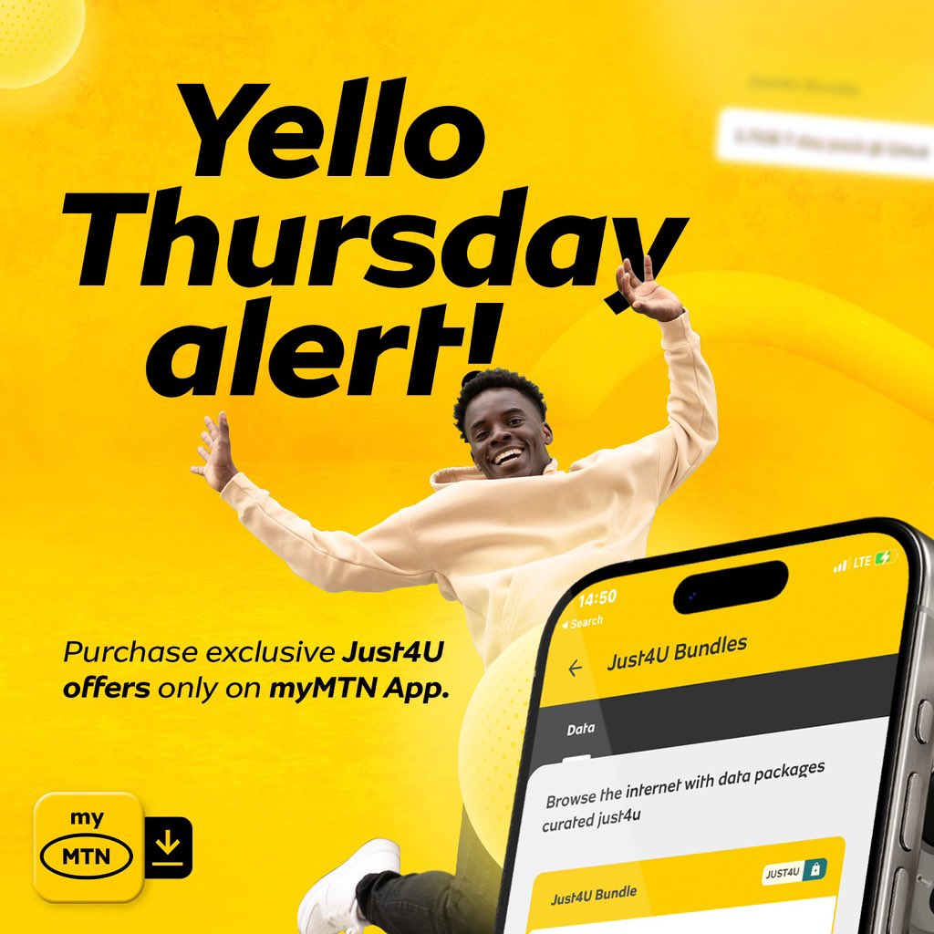 MTNGhana's tweet photo. Thursdays just got better! Enjoy unique offers made Just4U this and every Thursday.
Download the myMTN app and claim your unique offer now.
#YelloThursday https://t.co/hS9M9AH7aK