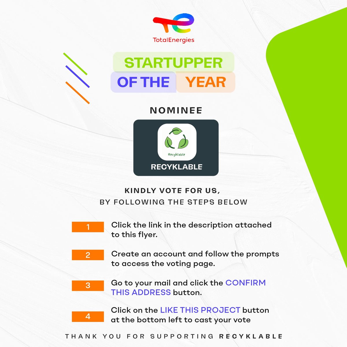 Recyklable_'s tweet photo. 🎉 Exciting News! 🎉

We're thrilled to announce that Recyclable has been selected for the next phase of d TotalEnergies Startup of the Year competition!

Your support and vote are crucial for us to advance further. Please follow d steps below to like our project, "Recyklable" https://t.co/gE2paXFiBq