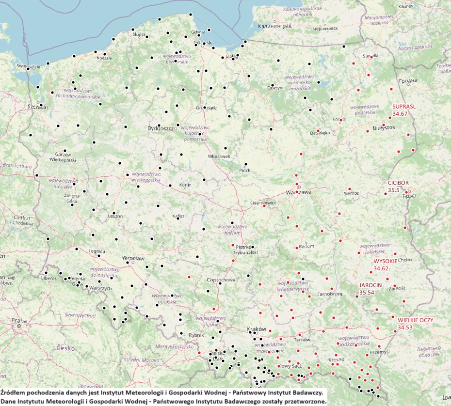 MapyMeteo's tweet photo. Dzisiejsza najwyższa temperatura z pełnych godzin, czerwonymi kropkami oznaczono wystąpienia progu upału (tj. 30 stopni Celsjusza). Na dwóch stacjach przekroczona została wartość 35 stopni - w Ciciborze było 35,5, zaś w Jarocinie 35,54 stopnia Celsjusza.
#lato #upal #pogoda https://t.co/CYgC1bRRNH