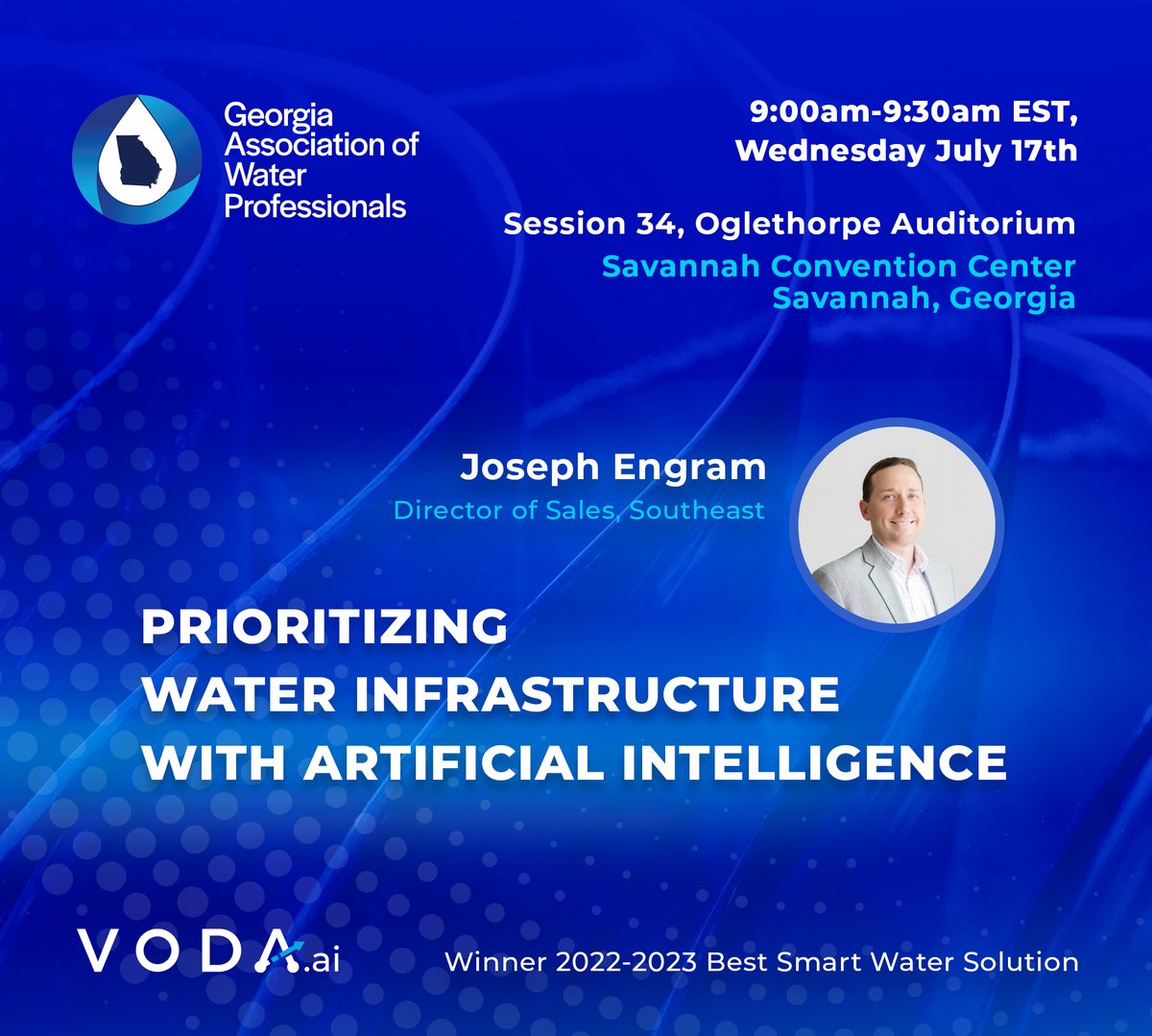 Joe Engram from VODA.ai is presenting "Prioritizing Water Infrastructure with AI" at <a href="/tweet_gawp/">GAWP</a>. 
Join us on July 17, 9:00-9:30 AM EST, Oglethorpe Auditorium. 
🕘calendly.com/joe-mfq/15-min…

#AssetManagement #WaterInfrastruture #GAWP2024