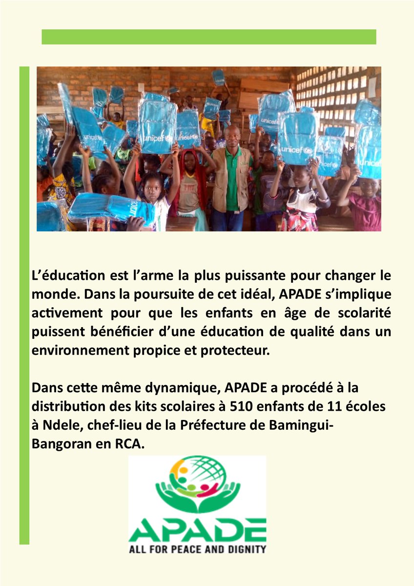 ApadeRca's tweet photo. APADE et UNICEF, avec le soutien de l'ECW, unissent leurs efforts pour offrir une éducation de qualité aux enfants vulnérables de Ndele en RCA, touchés par la crise. #ÉducationPourTous #EnfantsVulnérables #APADE @UNICEF #ECW https://t.co/8ohpsTEIJs