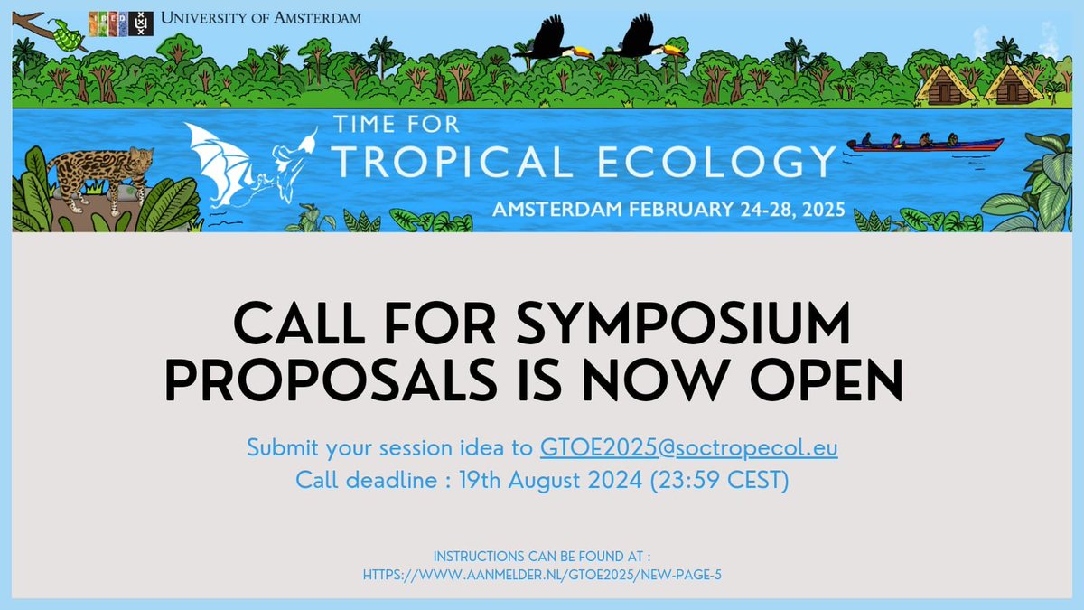Reminder! The call for symposium proposals is now OPEN for the Tropical Ecology Conference in Amsterdam! 🌎 Don't miss the chance to share your ideas. Submit your proposals today! Details at 👉 aanmelder.nl/gtoe2025/new-p…