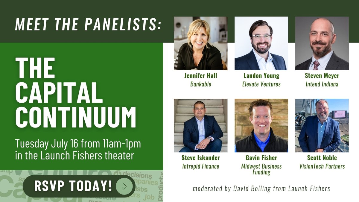 Launch Fishers (@launchfishers) on Twitter photo Meet the panelists for next week's The Capital Continuum event! 👥
- Jennifer Hall with #Bankable
- Landon Young with <a href="/ElevateIN/">Elevate Ventures</a>
- Steven Meyer with <a href="/intendindiana/">Intend Indiana</a> & <a href="/buildfund/">Build Fund</a>
- Steve Iskander with #IntrepidFinance
- Gavin Fisher with <a href="/FundingAtMBF/">Midwest Business Funding</a>
- Scott Noble with Meet the panelists for next week's The Capital Continuum event! 👥
- Jennifer Hall with #Bankable
- Landon Young with <a href="/ElevateIN/">Elevate Ventures</a>
- Steven Meyer with <a href="/intendindiana/">Intend Indiana</a> & <a href="/buildfund/">Build Fund</a>
- Steve Iskander with #IntrepidFinance
- Gavin Fisher with <a href="/FundingAtMBF/">Midwest Business Funding</a>
- Scott Noble with