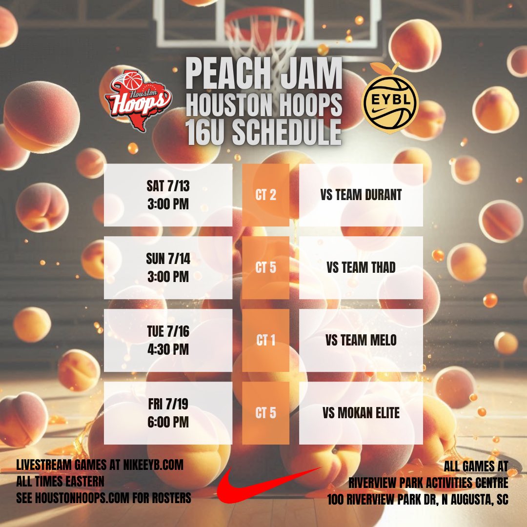 HoustonHoops17U's tweet image. Updated Houston Hoops @nikeeyb Peach Jam schedules. Visit houstonhoops.com for rosters and livestream games at NikeEYB.com #HoustonHoops #PeachJam