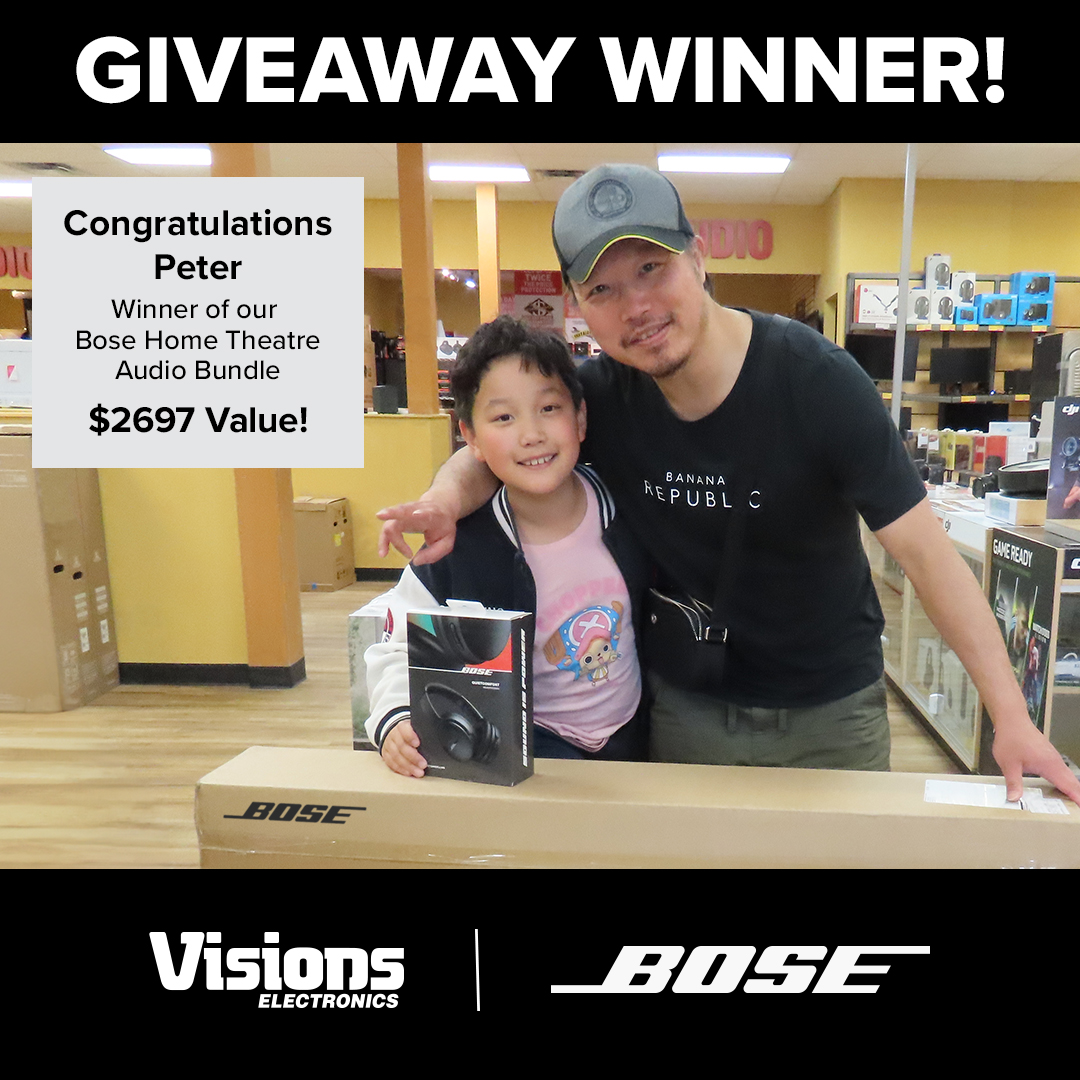 VisionsDeals's tweet photo. Congrats to our Bose Home Theatre Audio Bundle Winner, Peter! π
π
Peter's photo was taken at our Burnaby location at 5756 Imperial St. Burnaby B.C. π
Visit us at 43 locations across Canada today for the best deals and savings on the best tech! #Win #Bose #VisionsElectronics https://t.co/xMEpvLrZlQ
