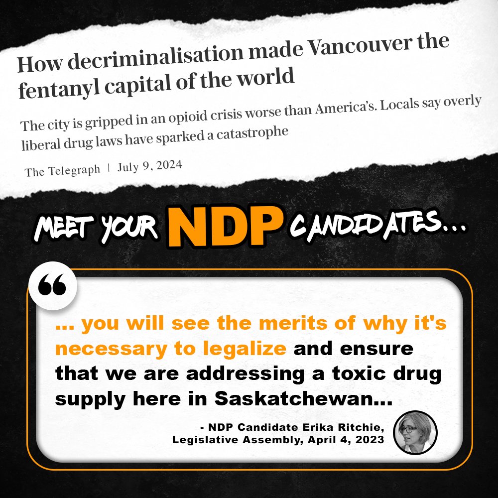 SaskParty's tweet photo. NDP Candidate for Saskatoon Nutana, Erika Ritchie wants to legalize toxic drugs in Saskatchewan. https://t.co/qMYC9lcGq1
