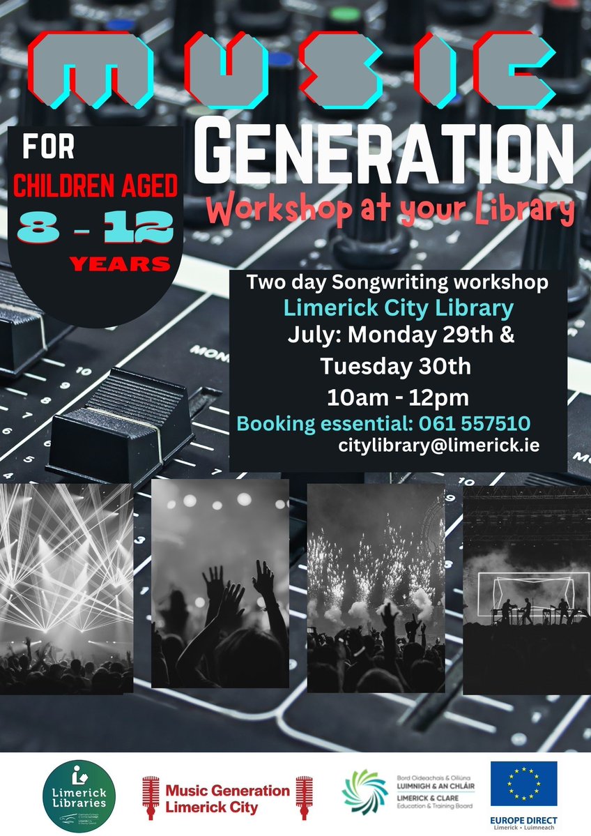 EuropeLimerick's tweet image. Join @musgenlimerick at Limerick City Library on 29th and 30th July for a 2 day song-writing workshop. 
Open to budding musicians aged 8-12.

To book contact City Library at:
📩citylibrary@limerick.ie 
📞061 557 510

#LimerickLibraries #EuropeDirectLimerick
