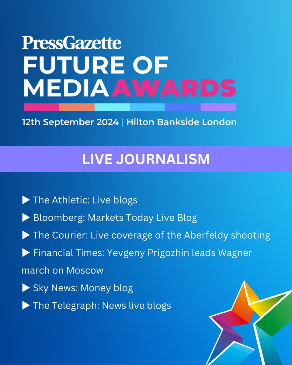 Press Gazette (@pressgazette) on Twitter photo <a href="/reachsolutions/">Reach</a> <a href="/Telegraph/">The Telegraph</a> <a href="/sprylabTech/">SPRYLAB</a> <a href="/FT/">Financial Times</a> <a href="/hantschronicle/">Hampshire Chronicle</a> <a href="/EBU_HQ/">EBU</a> <a href="/TheNationalNews/">The National</a> <a href="/SkyNews/">Sky News</a> <a href="/thetimes/">The Times and The Sunday Times</a> <a href="/CarbonBrief/">Carbon Brief</a> <a href="/thecourieruk/">The Courier</a> <a href="/pressjournal/">The Press and Journal</a> <a href="/heraldscotland/">The Herald</a> <a href="/ReachPress/">Reach Press Office</a> Congrats to the Live Journalism finalists:
<a href="/TheAthletic/">The Athletic</a>
Bloomberg <a href="/business/">Bloomberg</a>
<a href="/thecourieruk/">The Courier</a>
<a href="/FT/">Financial Times</a>
<a href="/SkyNews/">Sky News</a>
<a href="/Telegraph/">The Telegraph</a>
#FutureMediaAwards <a href="/reachsolutions/">Reach</a> <a href="/Telegraph/">The Telegraph</a> <a href="/sprylabTech/">SPRYLAB</a> <a href="/FT/">Financial Times</a> <a href="/hantschronicle/">Hampshire Chronicle</a> <a href="/EBU_HQ/">EBU</a> <a href="/TheNationalNews/">The National</a> <a href="/SkyNews/">Sky News</a> <a href="/thetimes/">The Times and The Sunday Times</a> <a href="/CarbonBrief/">Carbon Brief</a> <a href="/thecourieruk/">The Courier</a> <a href="/pressjournal/">The Press and Journal</a> <a href="/heraldscotland/">The Herald</a> <a href="/ReachPress/">Reach Press Office</a> Congrats to the Live Journalism finalists:
<a href="/TheAthletic/">The Athletic</a>
Bloomberg <a href="/business/">Bloomberg</a>
<a href="/thecourieruk/">The Courier</a>
<a href="/FT/">Financial Times</a>
<a href="/SkyNews/">Sky News</a>
<a href="/Telegraph/">The Telegraph</a>
#FutureMediaAwards