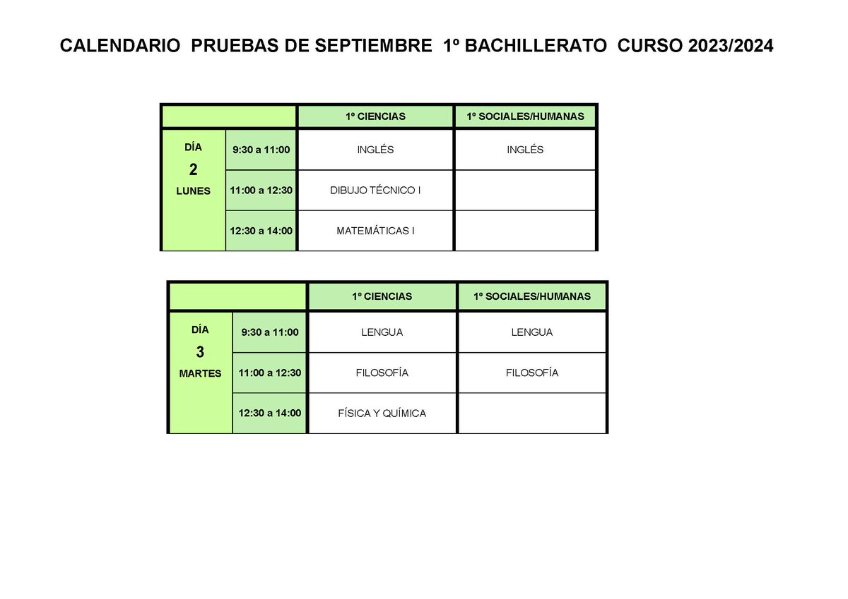 Os dejamos el calendario de pruebas de  septiembre para 1º de bachillerato