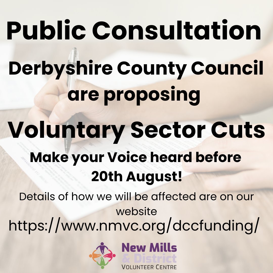 Derbyshire County Council are looking to cut funding to the voluntary sector and the Volunteer Centre will be hit by these cuts!
Visit our website to see how these cuts will affect us and the whole of the High Peak and Derbyshire nmvc.org/dccfunding/

derbyshire.gov.uk/council/have-y…