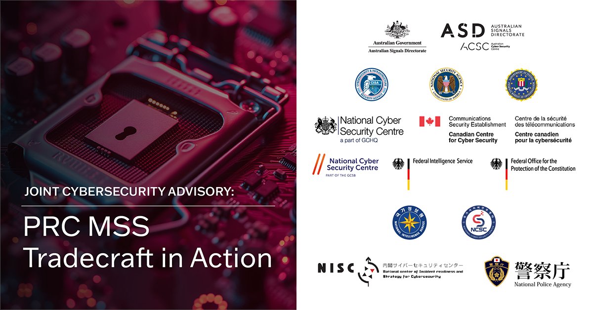 CISACyber's tweet photo. #ICYMI check out our joint #cybersecurity advisory w/@ASDGovAu, U.S. & international partners outlining #APT40 tradecraft. This PRC state-sponsored group poses an ongoing threat. Organizations, check out our detection & mitigation tips to stay protected.👉 https://t.co/sbeyv6xLLS https://t.co/aCUcHojn5D