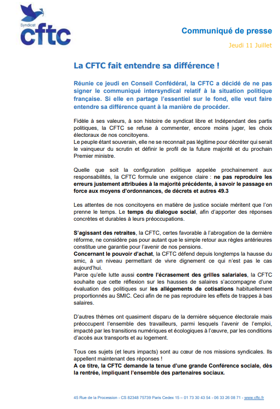 SyndicatCFTC's tweet photo. Communiqué de presse 
"La CFTC fait entendre sa différence" https://t.co/X3DizvukPc