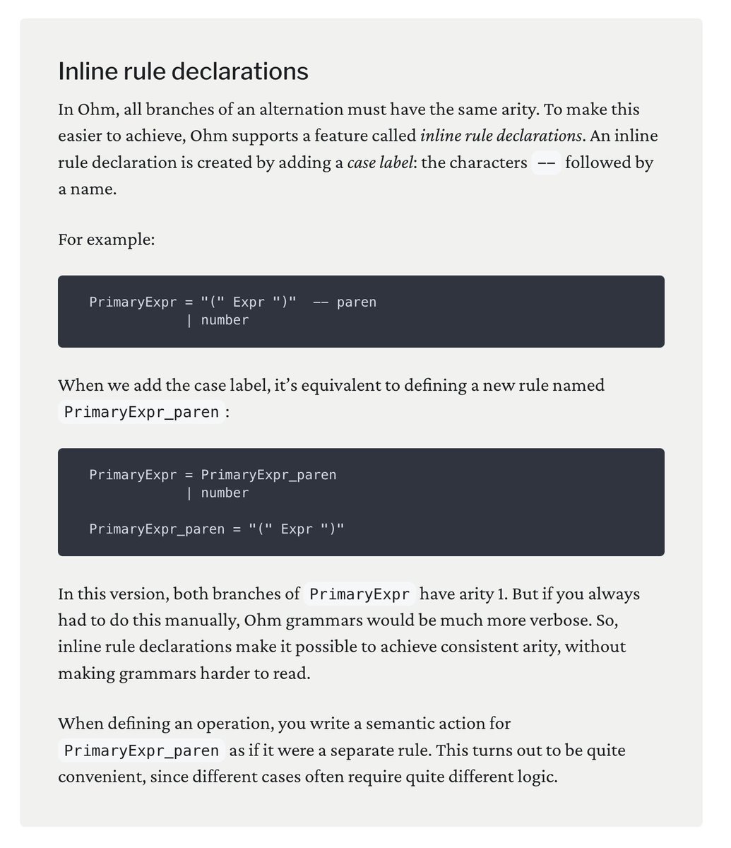 OhmJS (@_ohmjs) on Twitter photo In <a href="/WasmGroundUp/">WebAssembly from the Ground Up</a>, we teach you how to compile a simple programming language down to WebAssembly.
(using Ohm, of course)
Here's a section on inline rule declarations, part of a new draft of Chapter 3, "A Calculator Language". In <a href="/WasmGroundUp/">WebAssembly from the Ground Up</a>, we teach you how to compile a simple programming language down to WebAssembly.
(using Ohm, of course)
Here's a section on inline rule declarations, part of a new draft of Chapter 3, "A Calculator Language".