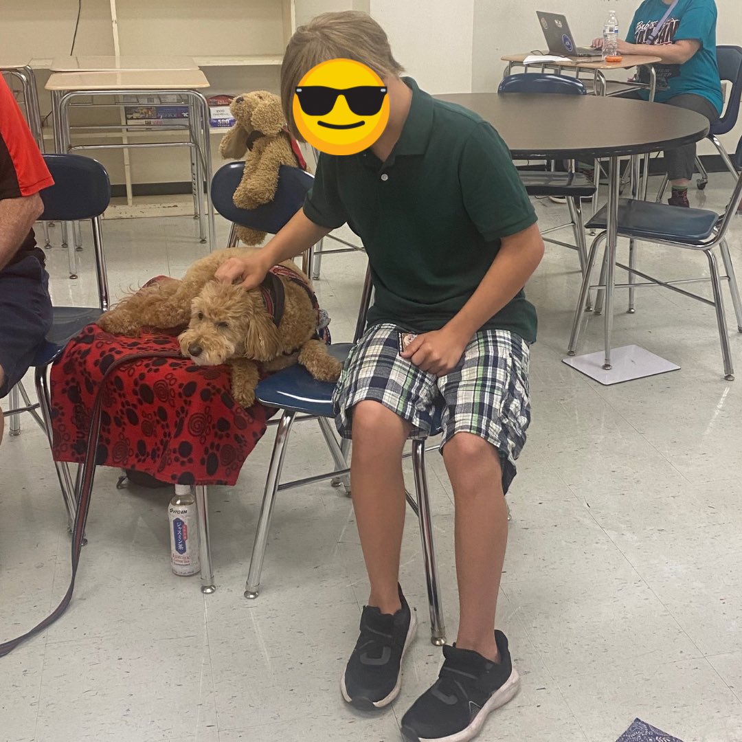 VanessaToner's tweet photo. You know it’s going to be a good day when @GoTeamTherapyD come to school! Best way to end a week at TJ High ESY is with dog kisses and cuddles. #fcpsesy #therapydogs #fcpstogether https://t.co/caRqb9bbj9