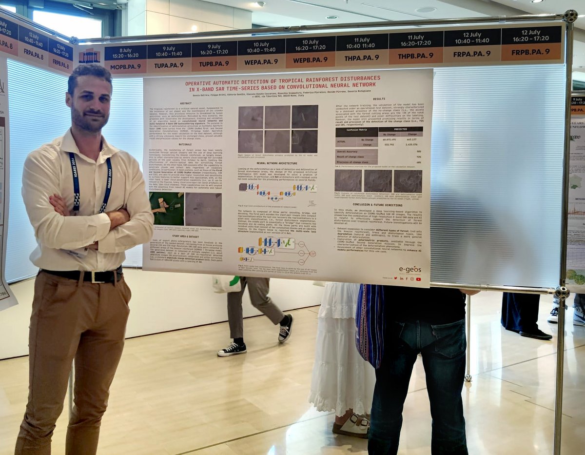 e_geos's tweet photo. 🎤 Dennis Dell'Ara - Algorithm Developer at e-GEOS - is in 🇬🇷 for #IGARSS2024, where he presented an #AI algorithm - produced by #e_GEOS - for detecting #deforestation activities through processing of #SAR data from #COSMO_SkyMed First- and Second-Generation #satellites https://t.co/xROWcBsmz6