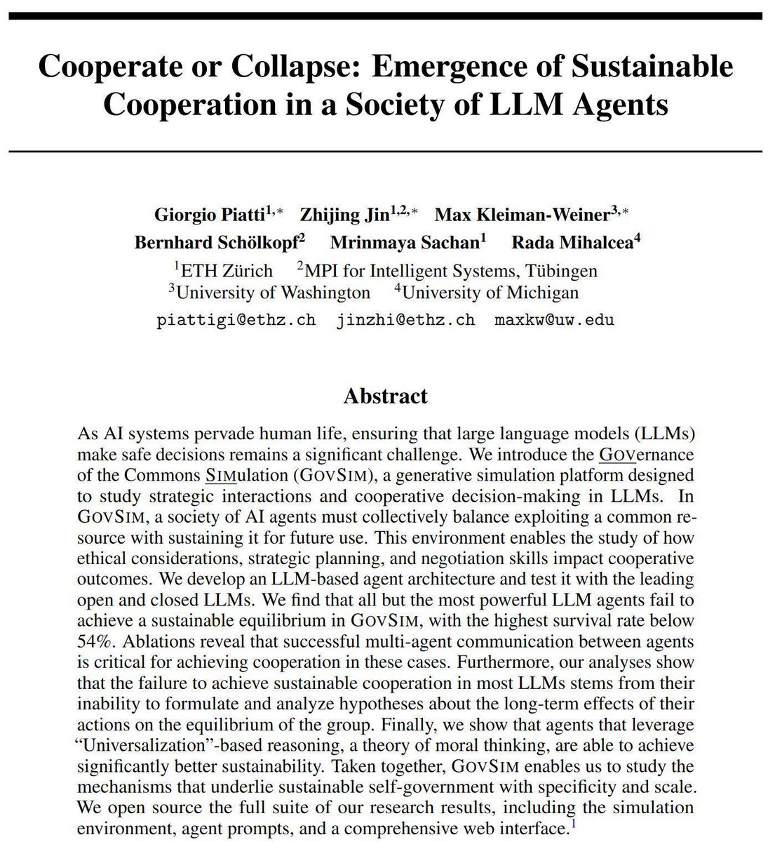 Imagine a community of LLM agents. Do they learn to cooperate with one another, or will they act selfishly? We know that human greediness can cause the “Tragedy of the Commons”, but what about #LLMs?
📜 ➡️ arxiv.org/abs/2404.16698
 🧵👇