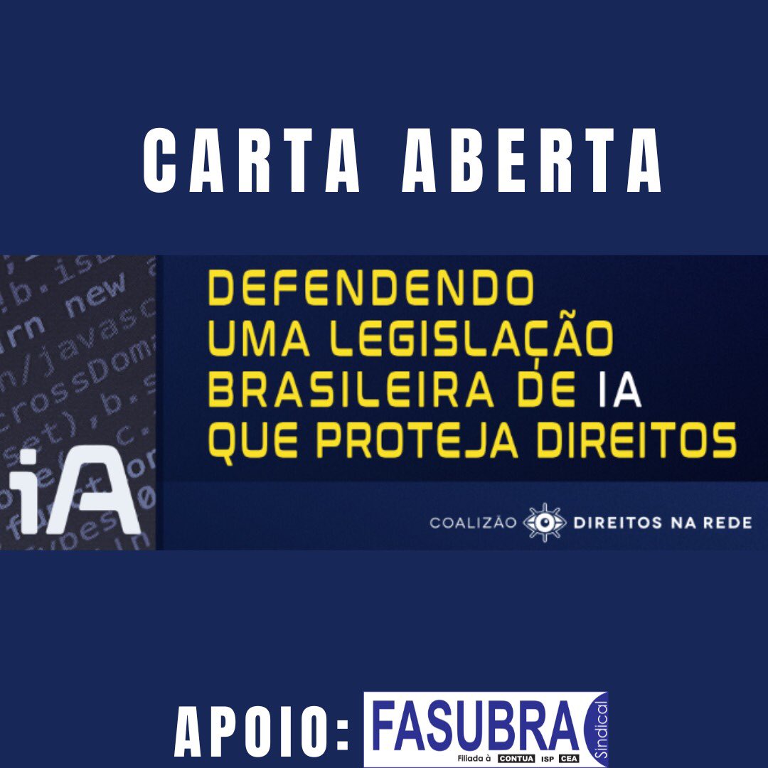 FasubraS's tweet photo. CARTA ABERTA: em defesa de uma legislação brasileira de inteligência artificial que proteja direitos
Saiba mais em nosso site: https://t.co/lQpbfG0unY https://t.co/PaPL7v4z1k