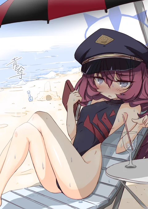 #ブルーアーカイブ  #棗イロハ 「先生…飲み物のおかわりを…」 イロハは暑いの苦手そう あとやっぱりハイレグがいい